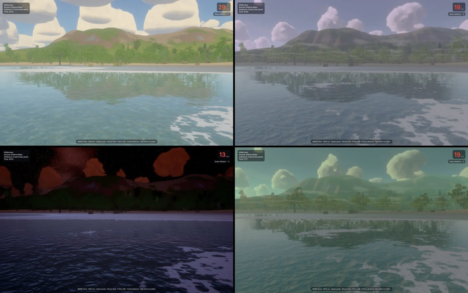 Four recorded views showing different lighting and color treatments of the same Skyfold world